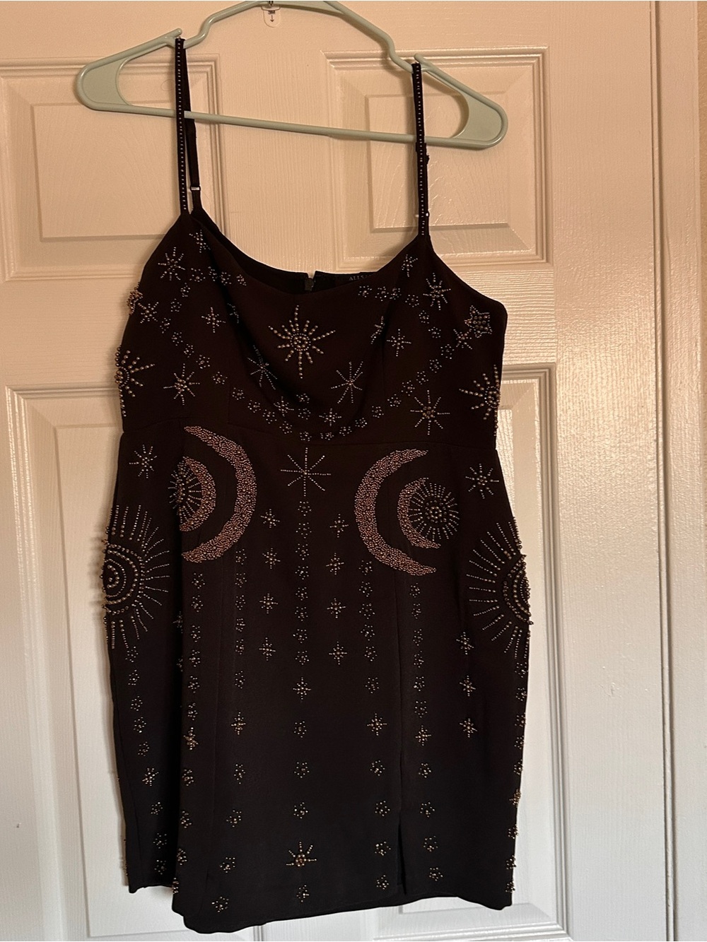 AllSaints Black Beaded Celestial Mini Dress Sun Moon Star US 8 / UK 12